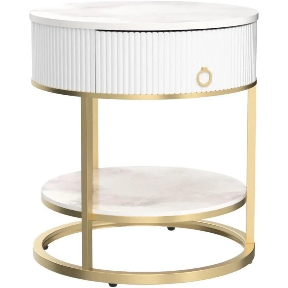 Round Side Table with Drawer, 2 Tier Night Stand with Shelf, Modern Side Table with Gold Legs for Living Room, Bedroom, Dorm 5
