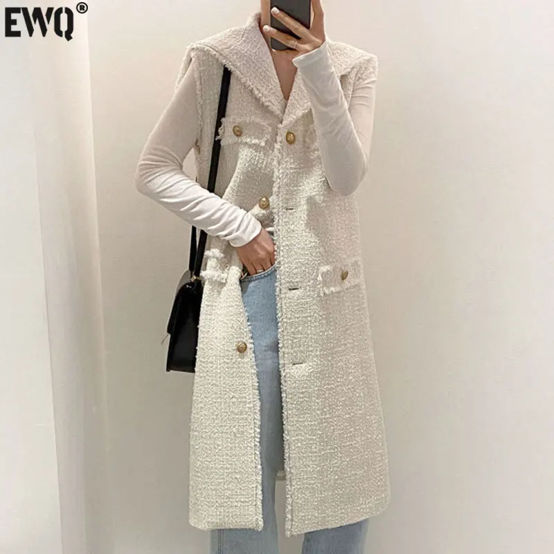 

[EWQ] Sailor Collar Sleeveless Jacket Loose Tassel Frayed Pocket Long Tweed Coats Korean Chic Autumn Coats 2023 Spring Outerwear