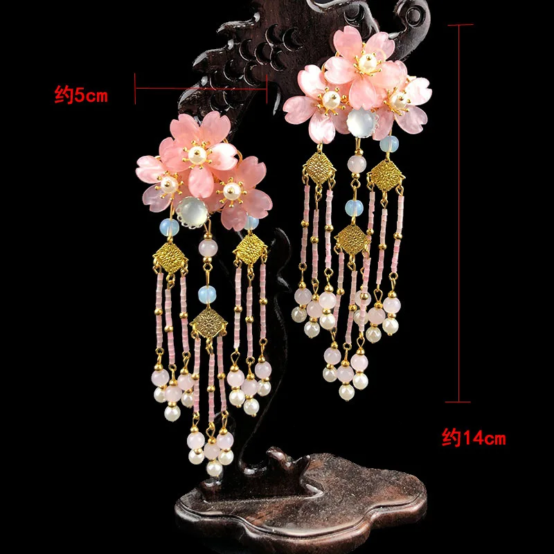 Cherry Blossom Long Tassels Girl Hanfu Ancient Costume Girl Hair Clip Hairpin Headdress floral headpiece wedding