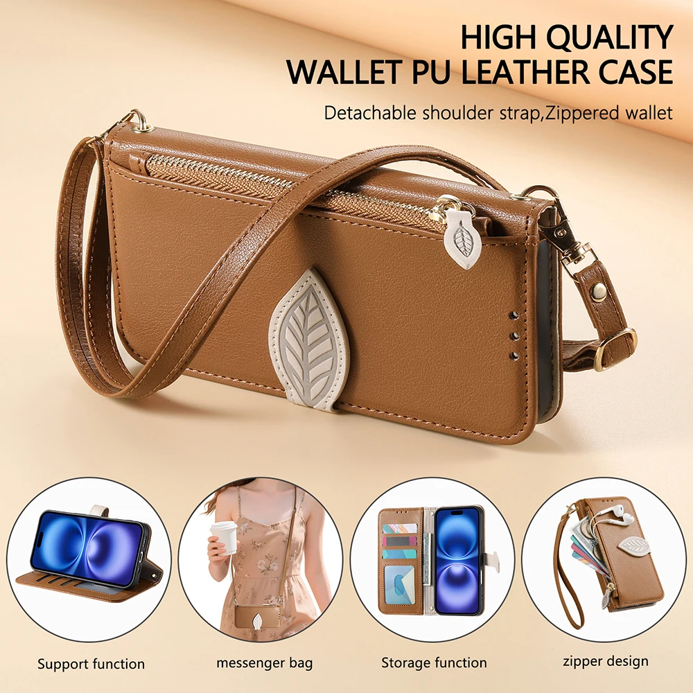 Leaf Buckle Leather Crossbody Lanyard Wallet Phone Case