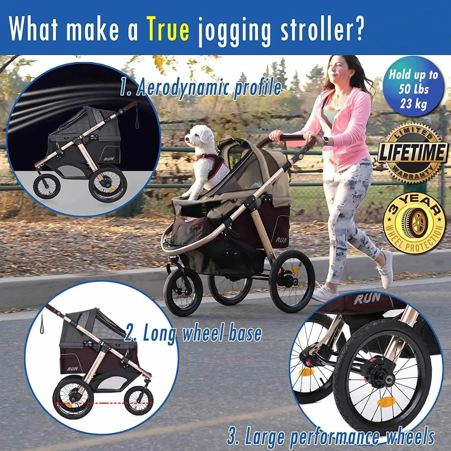Pet Rover Run Performance Jogging Sports Stroller with Comfort Rubber Wheels/Zipper-Less Entry/1-Hand Quick Fold/Aluminum