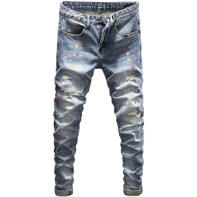 Street Fashion Men Jeans Retro Blue Elastic Stretch Skinny Fit Vintage Ripped Jeans Men Painted Designer Hip Hop Pants Hombre