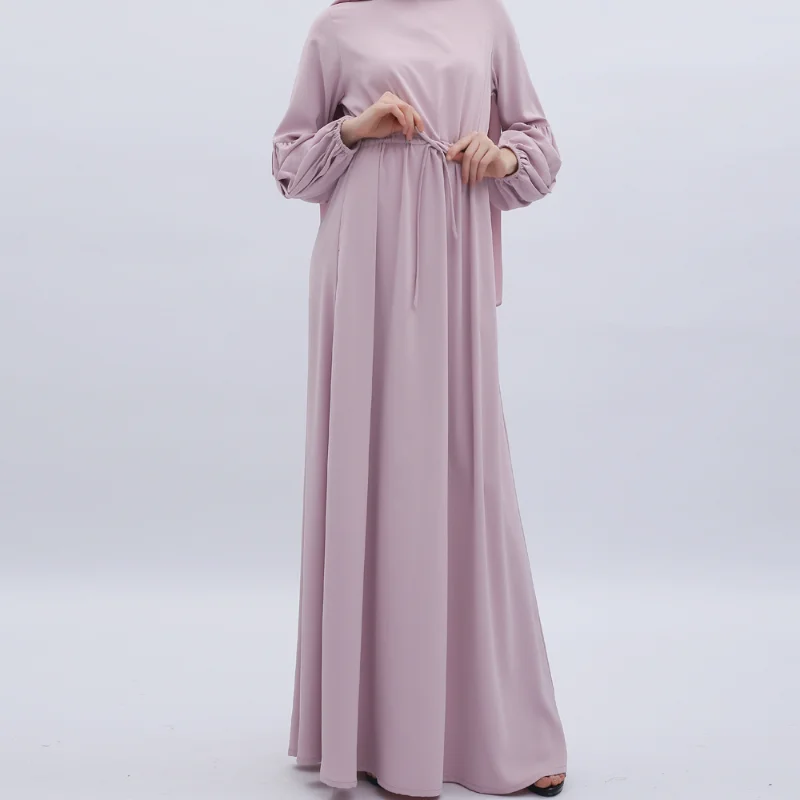 Muslim Abayat Dress for Women, Monochromatic, Lantern Sleeves, Elastic Cuff, Elegant Robe, Slim and Elegant, Europe and America