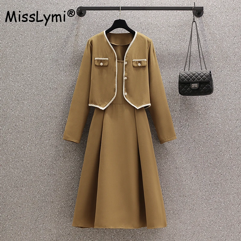 

Blazer Dress Large Size Women Clothing Autumn 2023 V-Neck Long Sleeve Short Jacket and High Waist Sling Dresses Two Piece Set