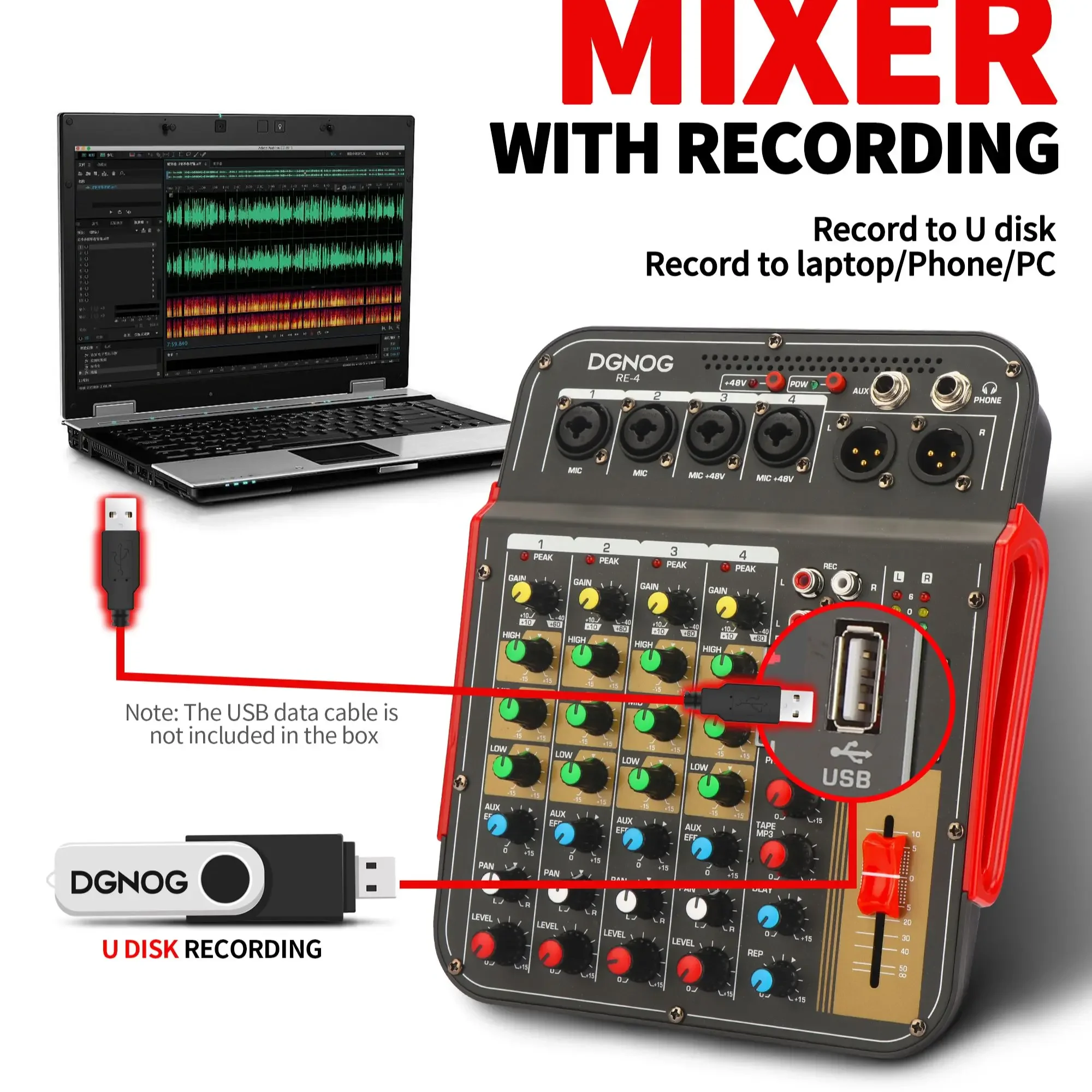RE4 4-Channel Sound Mixer AUX Effec Console DJ Mixing 48V Phantom Power Bluetooth USB REC XLR Output Audio Mixer DGNOG audio mixer