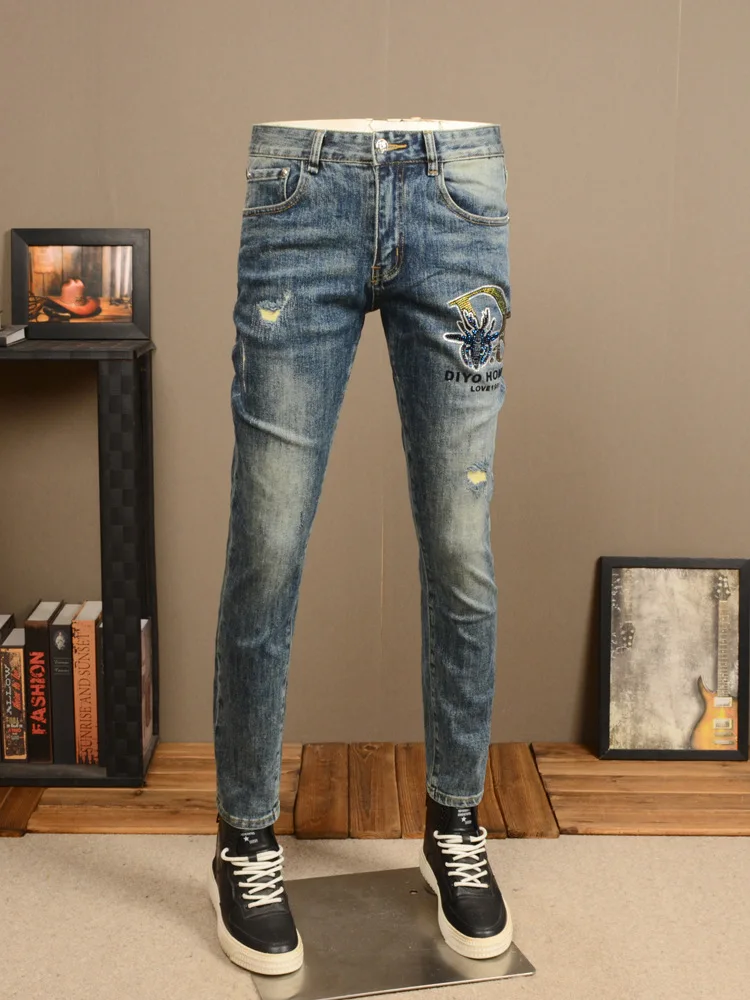 Retro Blue Nostalgic Ripped Jeans Men's Light Luxury Spider Printed Tight Skinny Stretch High-End Pants