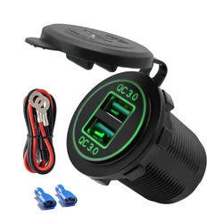 Dual USB Charger Socket with Quick Charge 3.0 - High - Speed, Waterproof Power Outlet for Vehicles & Watercraft (Green with wire)