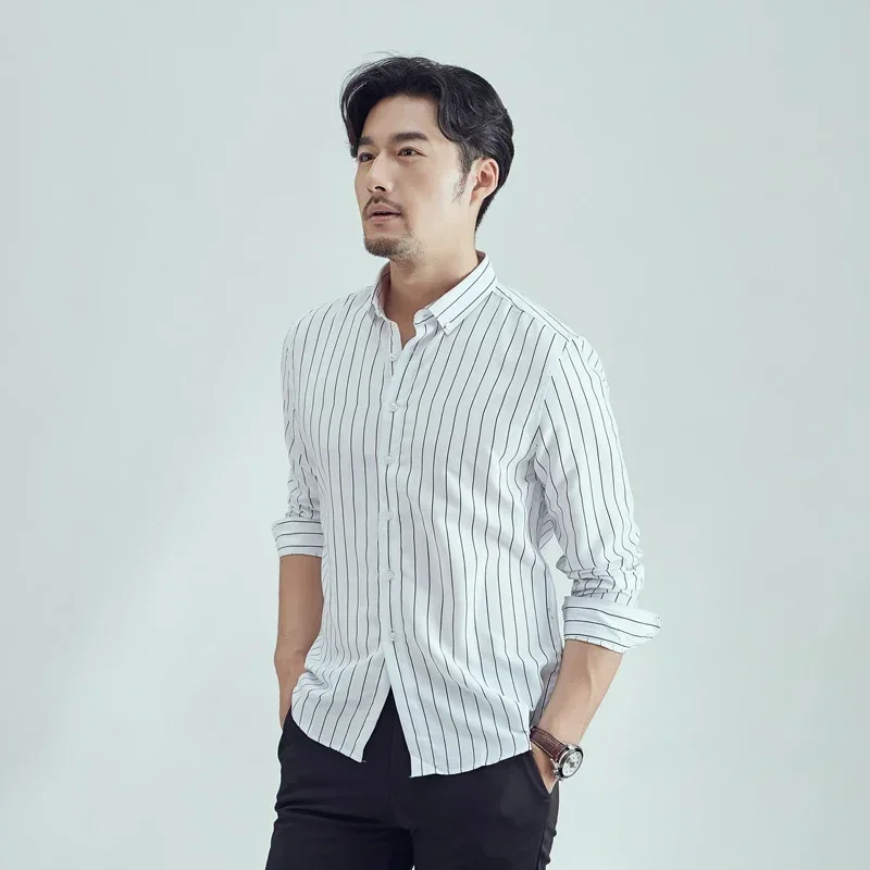 남성용 캐주얼 코튼 셔츠, 단추 부드럽고 얇은 비즈니스 긴팔 스트라이프 셔츠, 라펠 아우터 스트리트웨어, 새로운 트렌드