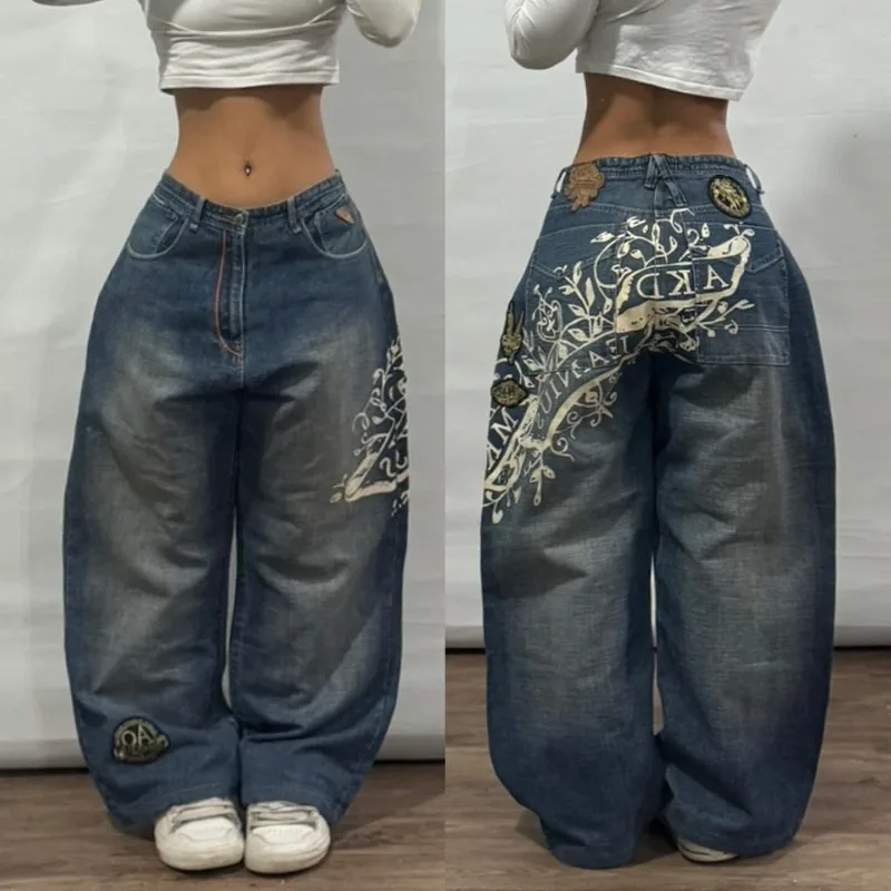 Streetwear New Fashion Oversized Printed Embroidered Baggy Jeans Women Y2K Gothic Harajuku Vintage Pop High Waist Wide Leg Pants 2