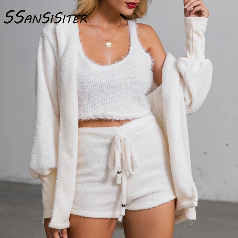 

3PCS/Sets Sexy Women Suits Hooded Velvet Fluffy Cardigan Coat Crop Top Shorts Tracksuit Sports Conjuntos De Mujer Sweatshirts