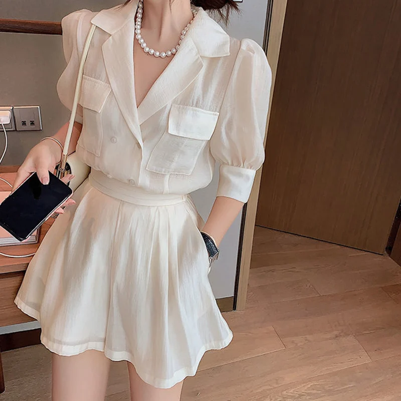 

Summer New Fashion Solid Chiffon Two Piece Set Puff Sleeve Pockets Casual Lady Chic Blouse and Short Suits Korean Female Clothes