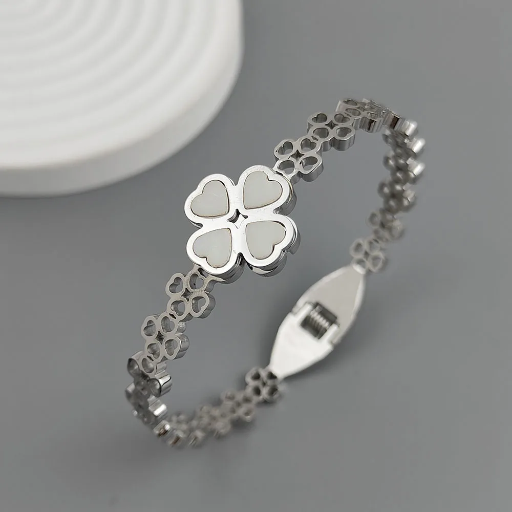 New four-leaf clover white shell stainless steel gold-plated bracelet 18K, high quality waterproof couple bracelet, wife gift 5
