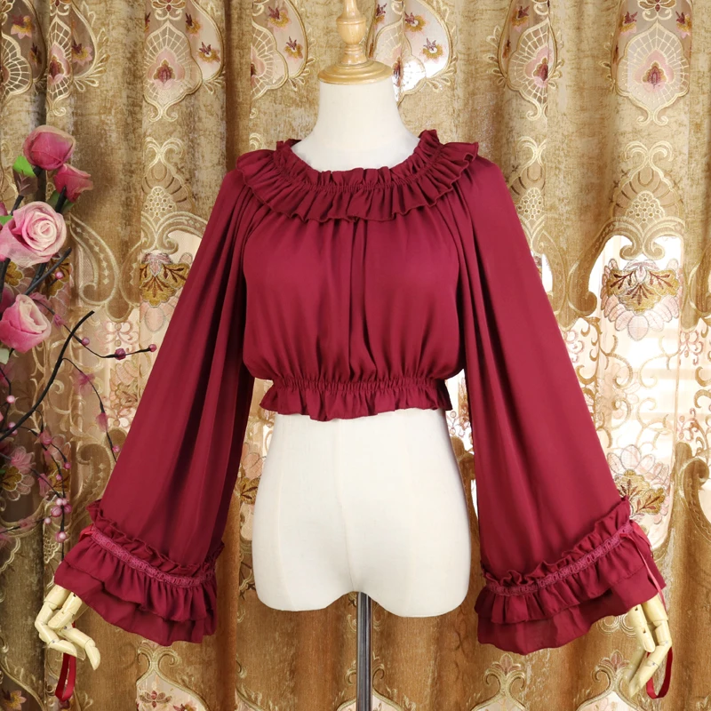 Lolita Solid Color round Neck Ruffled Flare Sleeve Blouse 2023 Spring Autumn Japanese Style Sweet Cute Loose Pullover Shirts