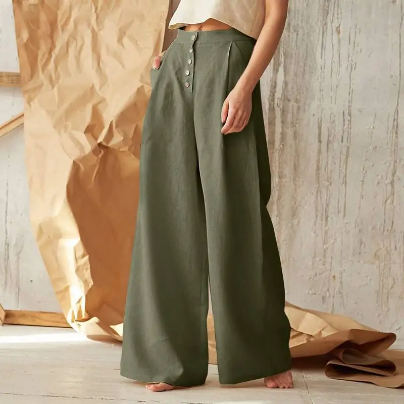 Women Clothes 2024 Spring Korean Fashion High Waist Wide Leg Pants Casual Button Pockets Solid Trousers Female Loose Pantalones