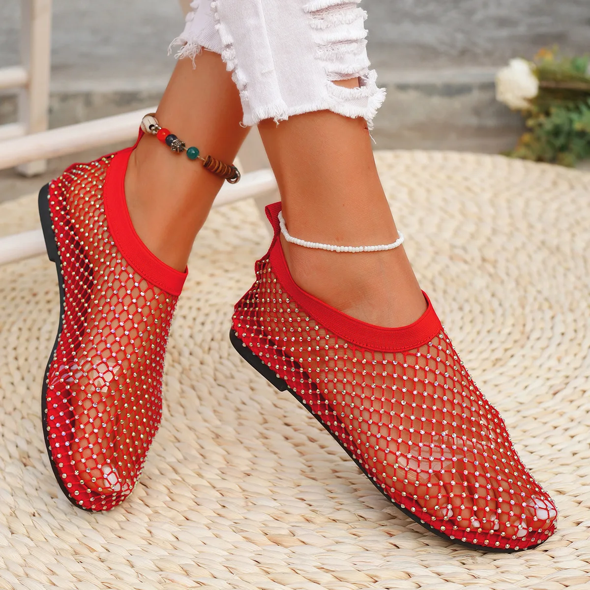 plus Size Women's 2024 Popular Fishnet Stockings Hollow-out Low Heel Flat Sandals