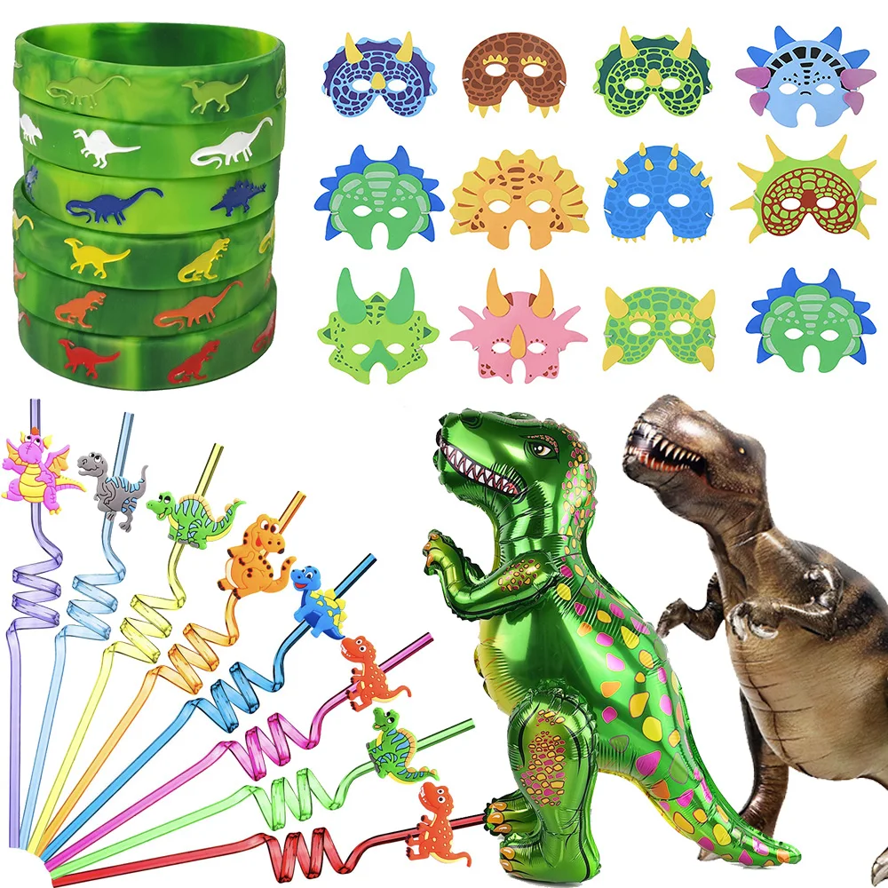Party Supplies Jurassic World Dino Mask Set Reusable Straw Dinosaur Balloon Kids Baby Shower Cosplay Birthday Party DIY Decorations Supplies