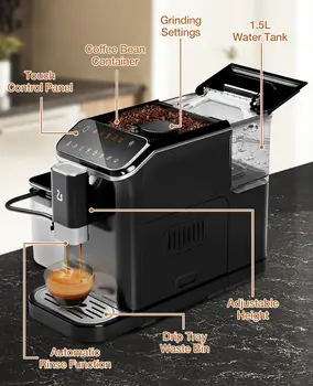 20 Bar Fully Automatic Espresso Machine With Grinder Milk Frother One-Touch 6 Recipes 1.5L Tank Self-Cleaning For Home Office 5