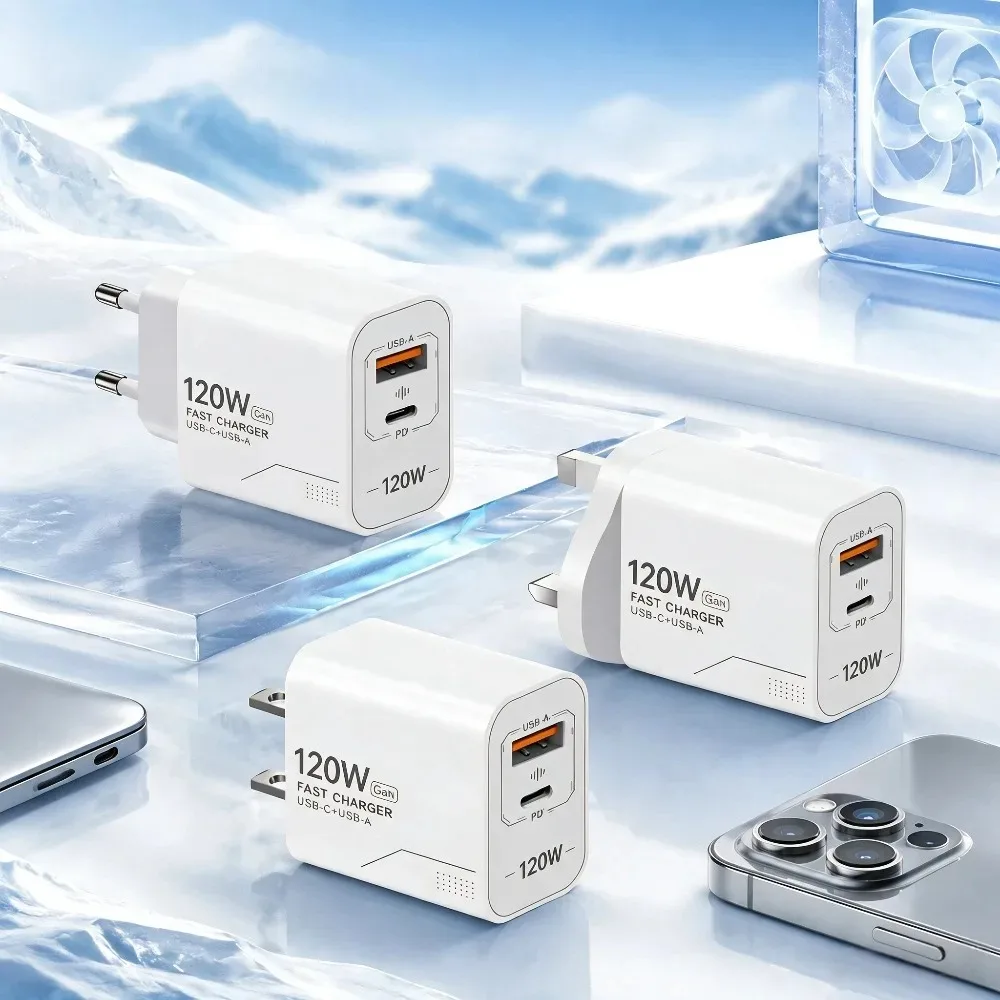 120W GaN Dual-Port USB-C Wall Charger with US/EU Plug and PD Quick Charge Technology
