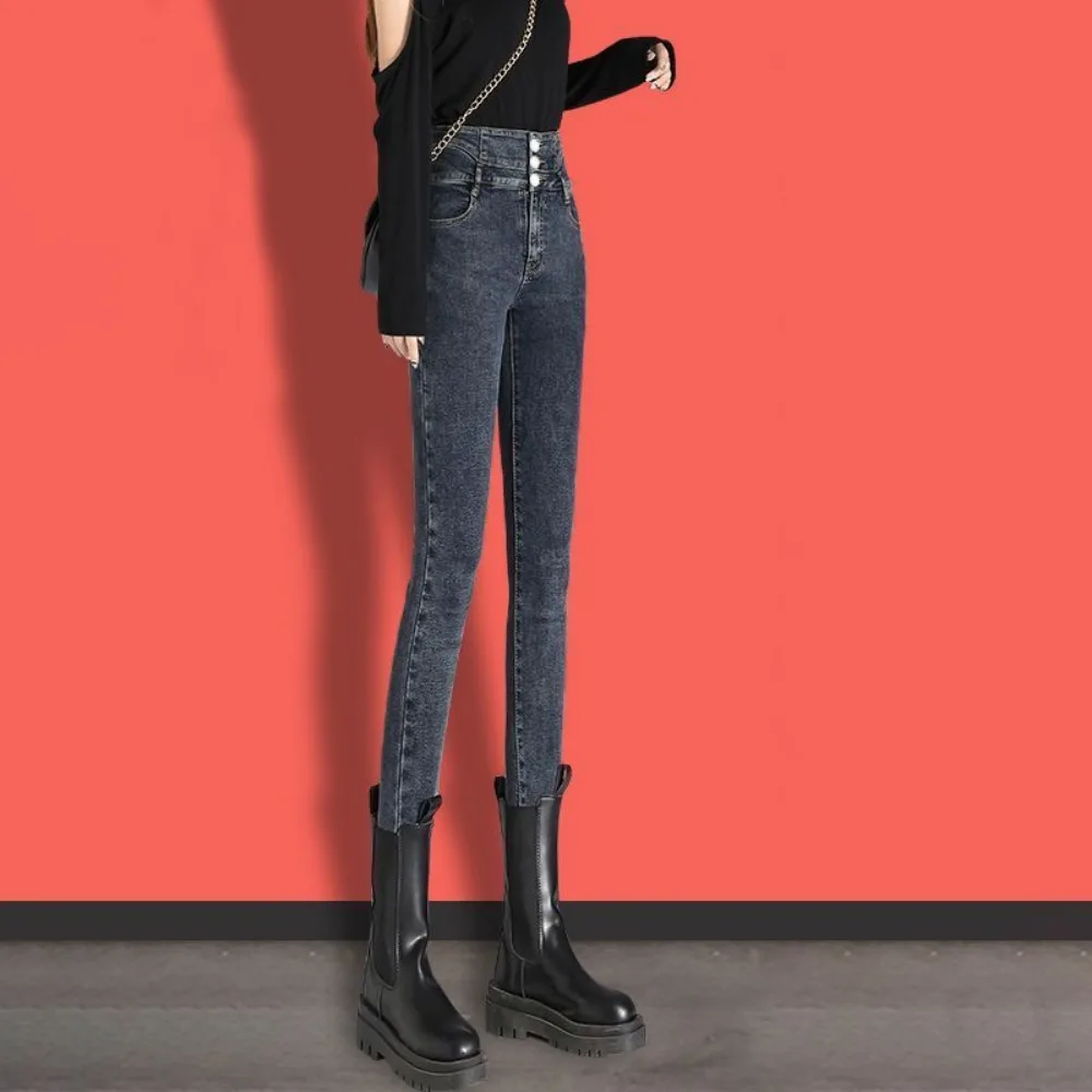Winter Thick Velvet Women High Waist Skinny Jeans Simple Fleece Warm Slim Fit Stretch Ladies Casual Denim Pencil Pants Women