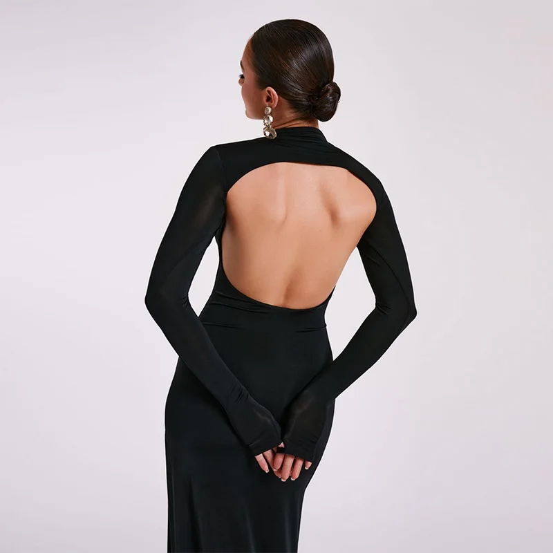 Elegant Basic Long Sleeve Solid Hole Backless Slit Split Women'S Dresses Party Club Evening Wholesale Winter Clothes