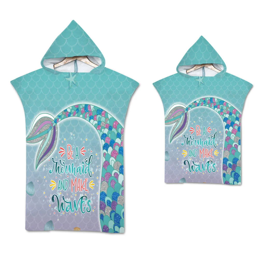Mermaid Microfiber Quick Dry Large Beach Bath Towel Hooded Cloak Wetsuit Adult Kids Parent-Child Poncho Bathrobe for Swim Surf