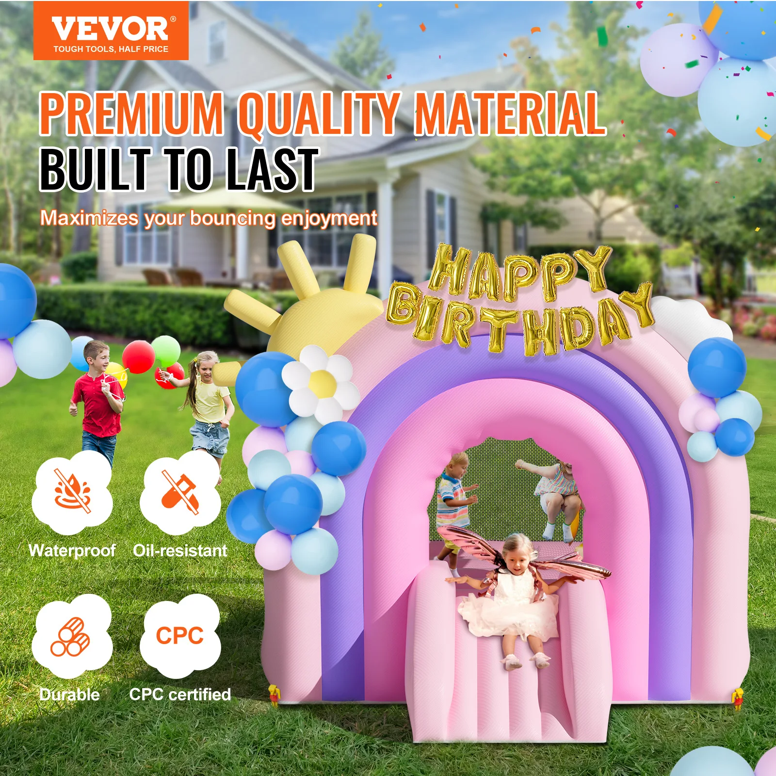 VEVOR Inflatable Bounce House Indoor Outdoor Playhouse Trampoline Kid Jumping Bouncer with Blower Slide Storage Bag 110x91x91 in 2