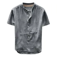 Short Sleeve Shirt Linen Tops Sexy Men Clothing 2022 Summer Solid Color Casual Pullover Single-breasted Sexy Mens Blouse - Image 5