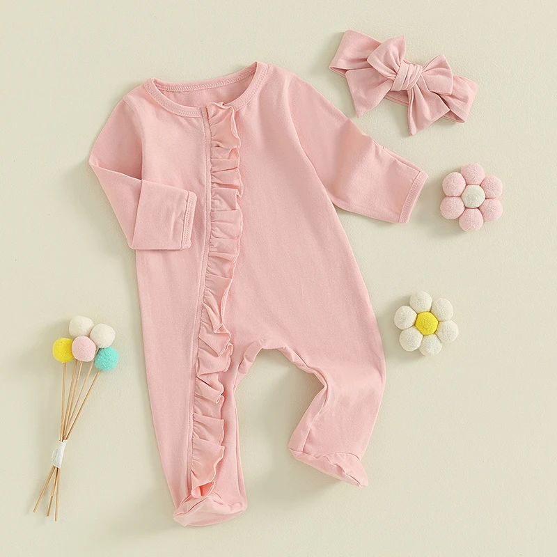 Newborn Baby Girls Footies Outfit Solid Color Long Sleeve Footed Zipper Romper and Headband Set for Infant Spring Fall Clothes