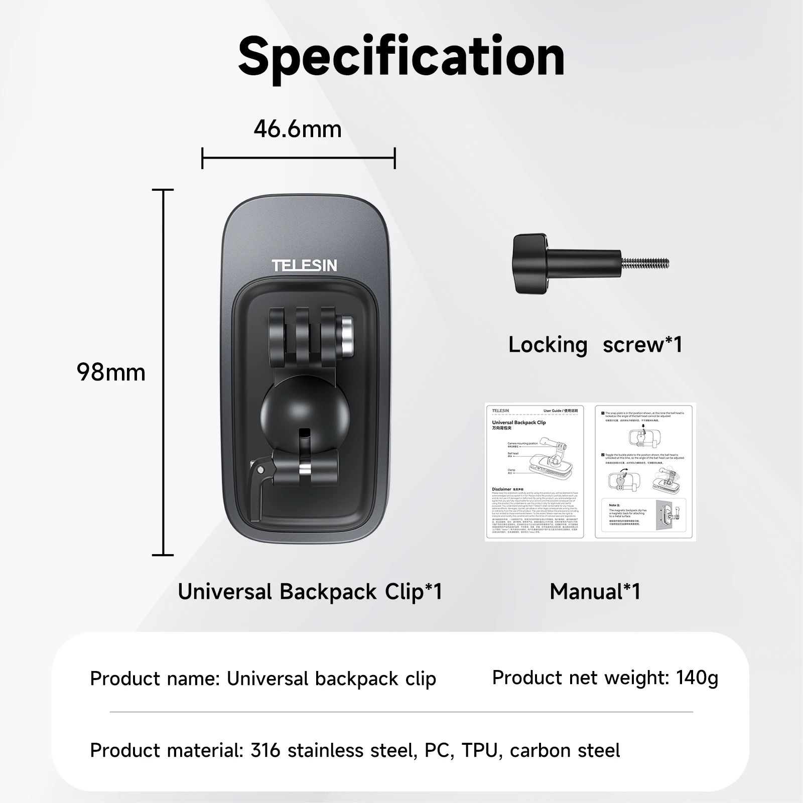 TELESIN 액션 카메라 배낭 클립 클램프 마운트, 고프로 히어로 11 10 9 8 7 6 5 Insta360 DJI 360 ° 회전 마그네틱 카메라 마운트