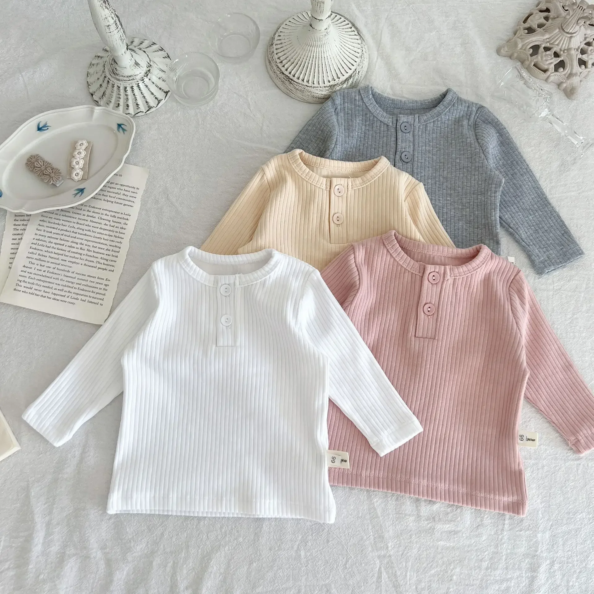 Newborn Baby Boys Girls Cotton T-shirt Clothes Toddler Crewneck Long Sleeve Solid Casual Autumn Tops 3-36Months