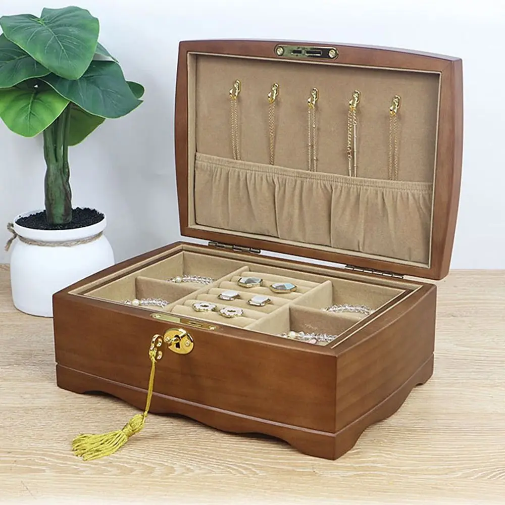 

Vintage Jewelry Box with Lock Double Layer Wooden Trinket Storage Box Scratch Resistant Luxury Treasure Chest Case Bracelets