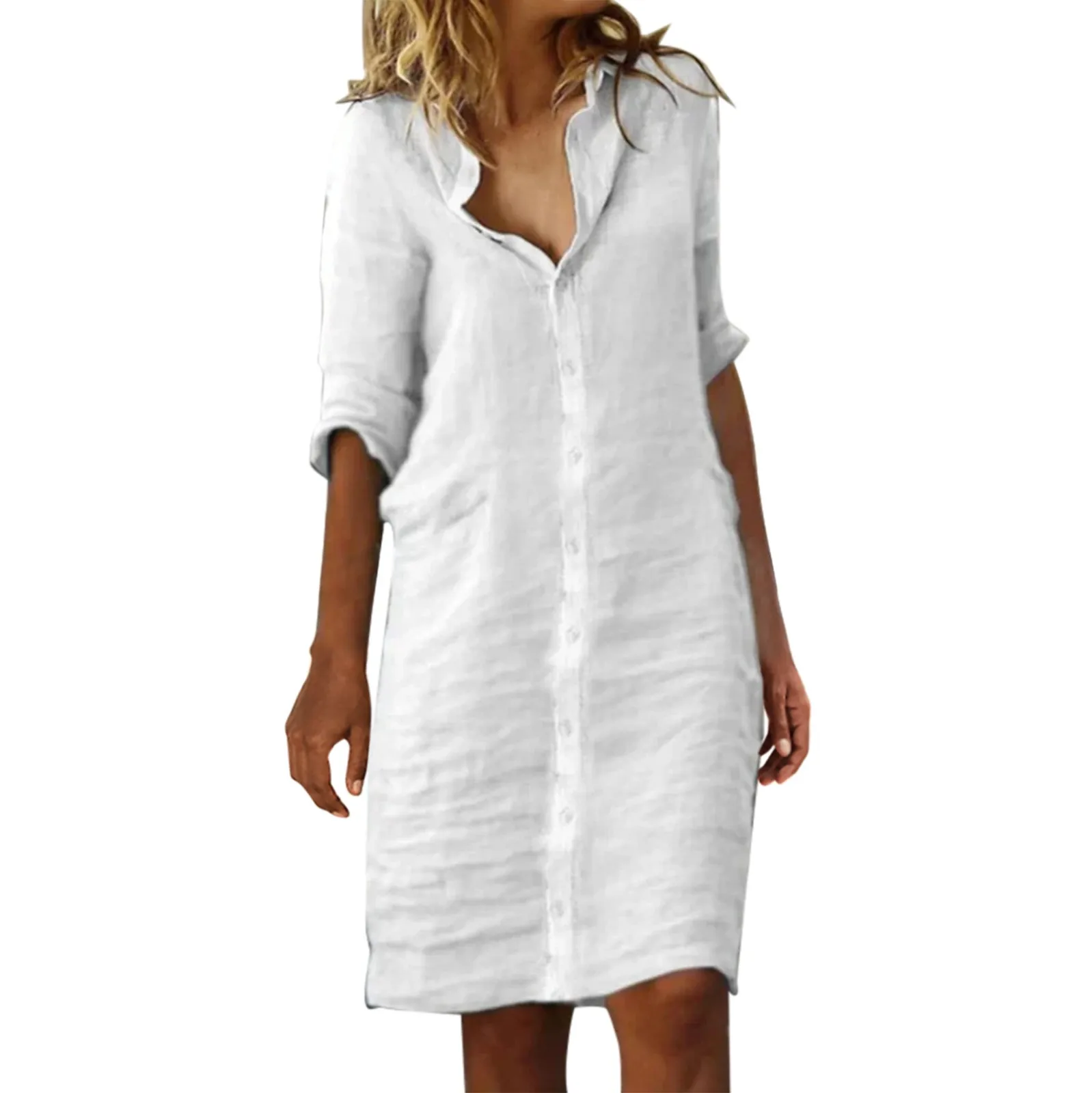 

Ladies Solid Color Shirt Dress Women'S Long High Waist Tied Round Neck Dress Loose Daily V-Neck Female Blouse Vestidos 2023