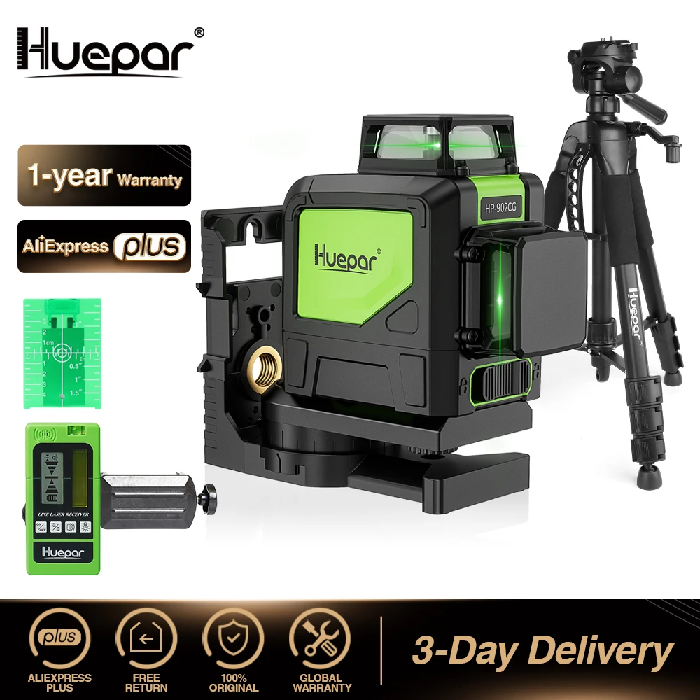 Huepar 8 Linee Livello Laser 360 ° Cross Line Autolivellante Linea Orizzontale E Verticale Strumento Laser Con Ricevitore Laser E Treppiede