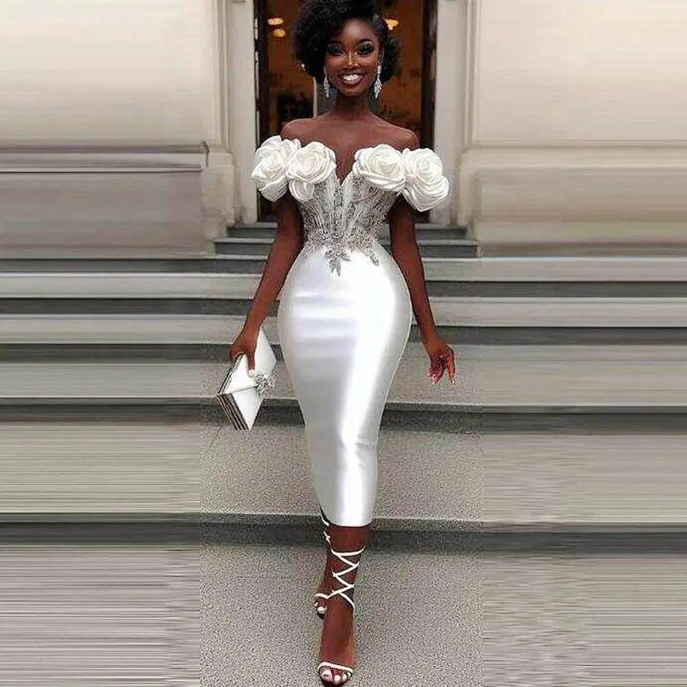 Aso Ebi Prom Dresses Women Birthday Wear Off Shoulder Mermaid Cocktail Dress Appliques Handmade Flowers Wedding Party Gowns