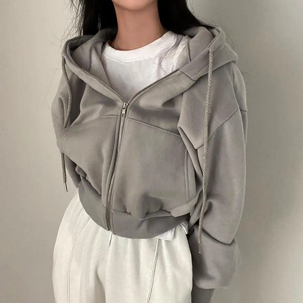 

Ladies Coat Hooded Solid Color Drawstring Zipper Cardigan Loose Warm Casual Soft Elastic Cuff Lady Jacket