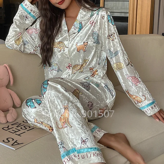 

Gold Velour Pyjamas Women Warm Trousers Set Print Cartoon Shirt Pants Autumn Winter Sleepwear Warm Home Clothes Loungewear