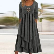  Elegant Office Women Patchwork Pockets Midi Dress Round Neck Basic Solid Long Sleeve Dress Lady Casual Summer Ruffles Club Dress 