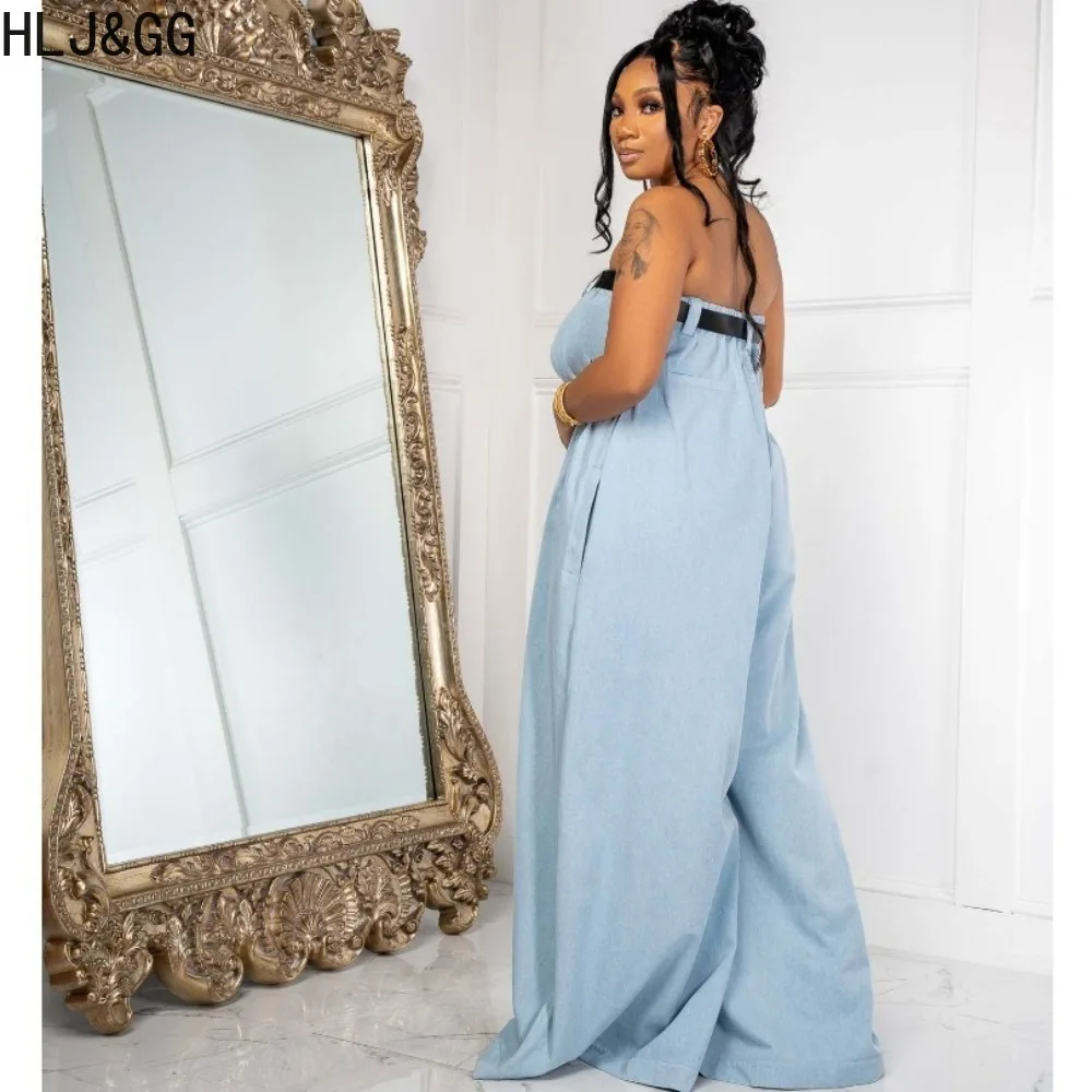 HLJ&GG Fashion Solid Off Shoulder Wide Leg Pants Jumpsuits Women Sleevless Backless Playsuits Casual Female With Belt Overalls