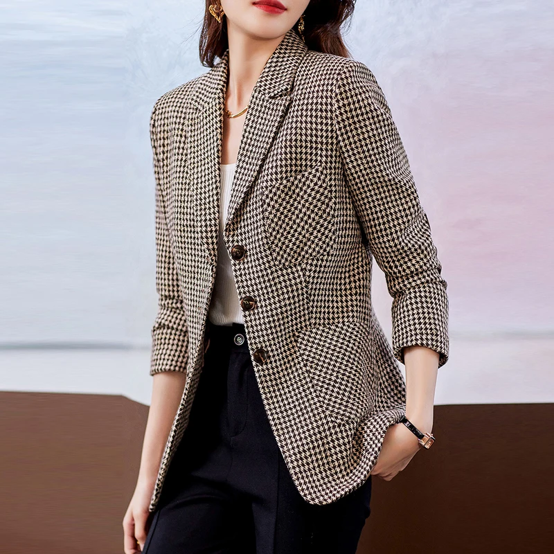 

Women Fashion Spring Office Wear Single Breasted Check Blazers Coat Vintage Long Sleeve Pockets Female Outerwear Chic Tops