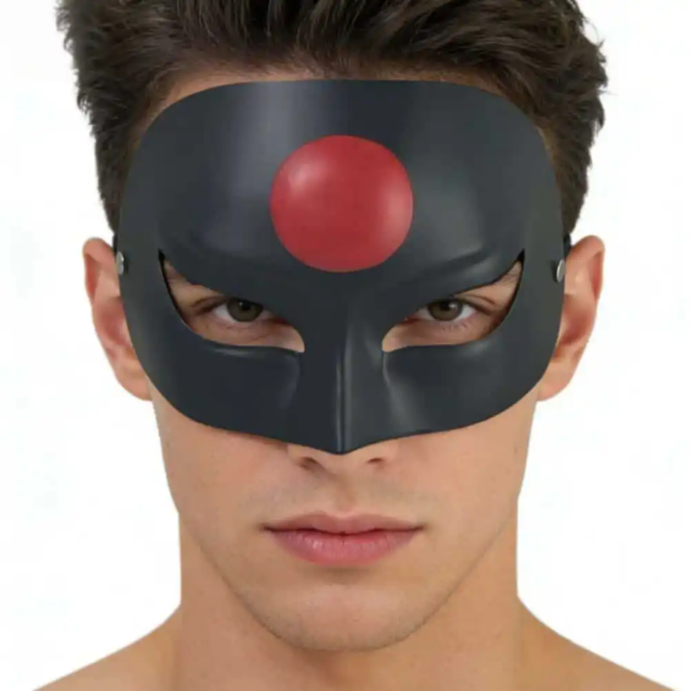 Détail du masque rétro en résine écologique montrant les finitions artisanales et les couleurs vives