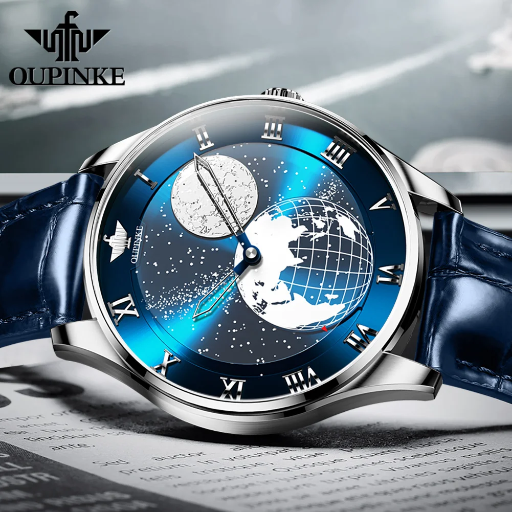 OUPINKE 3230 Men's Watches Starry Sky Earth Dial Waterproof Automatic Mechanical Watch Double Needle Design Imported Movement