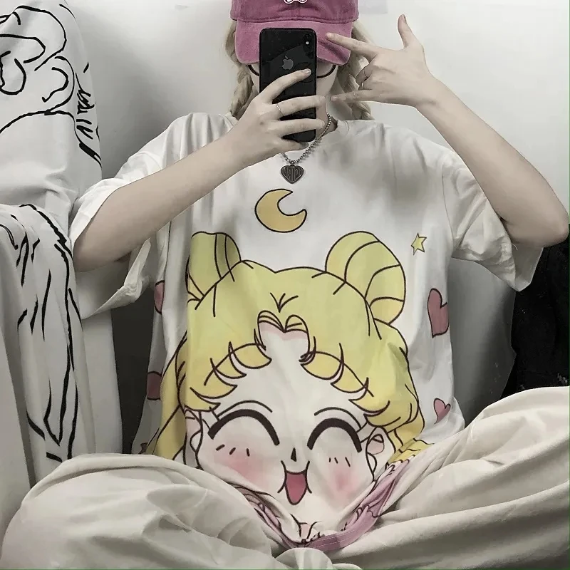 thumbnail image 1 of Camiseta de verano 2024 para mujer, camisetas de gran tamaño con estampado de dibujos animados de Sailor Moon, camisetas holgadas de manga corta Harajuku y2k, ropa para mujer, 1 of 5