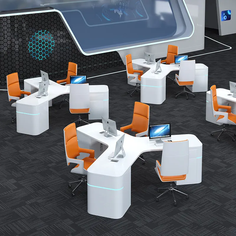 Creative, simple, modern, lacquered office command center, three-person science and technology computer desk