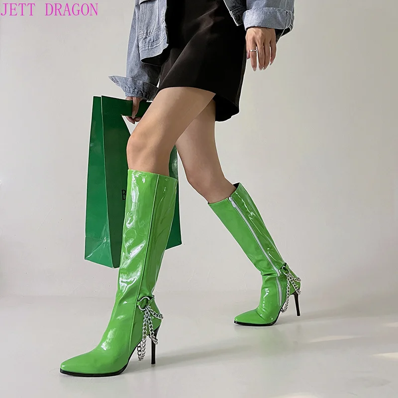 

2023 Sexy Chain Style Green Knee High Boots Ladies Patent Leather Pu Leather Back Stiletto High Thin Heels Party Women Shoes 43