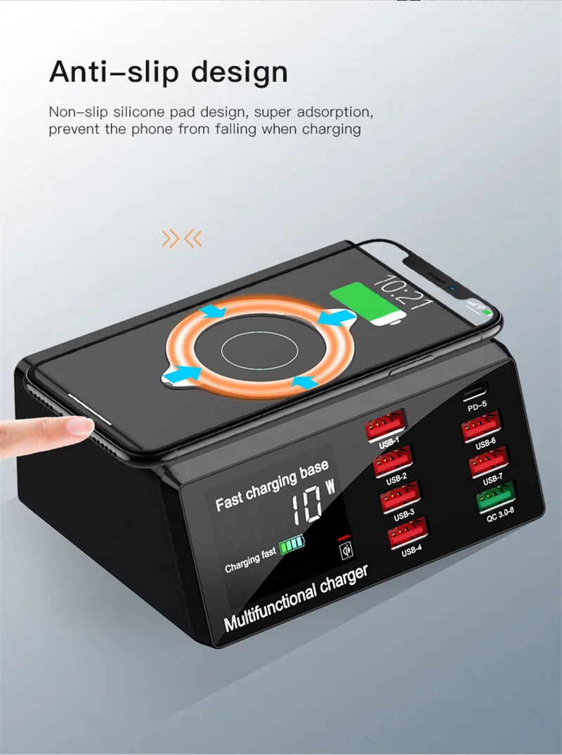 100W 8 ports Quick Charger, Fast Charging Station For for all Smart Devices, Multi-Interface Wireless Charger