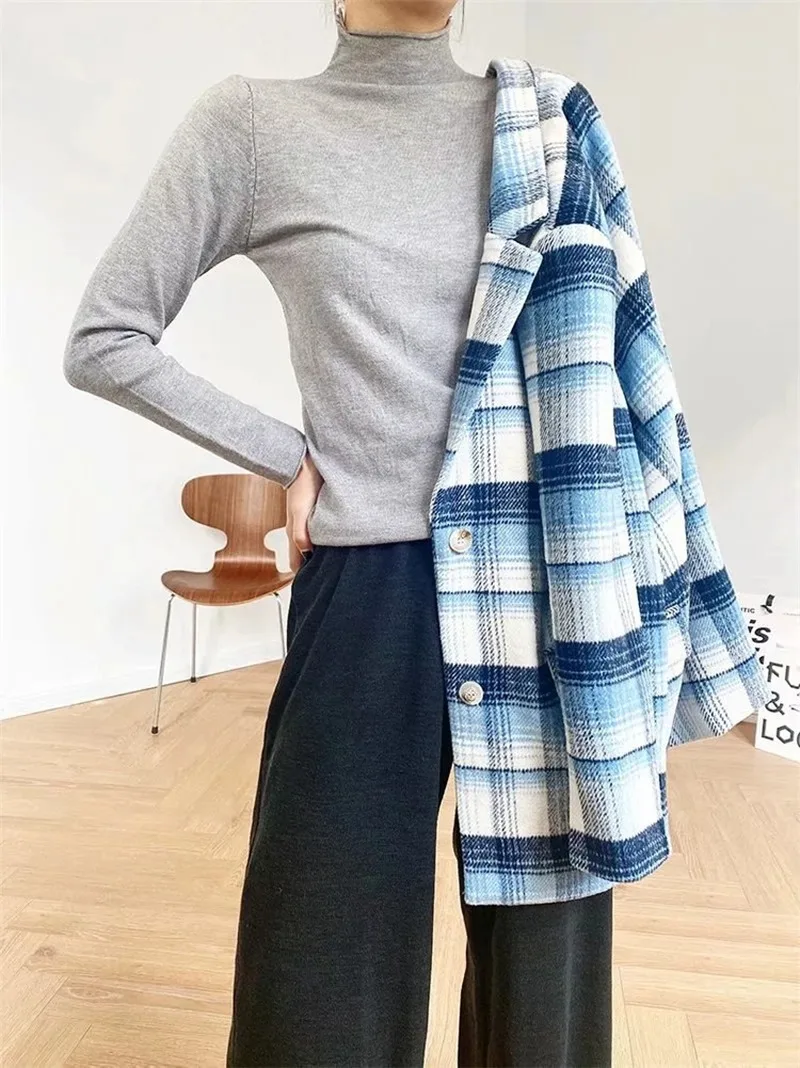 Blue Plaid Woollen Blazer Suit Mature Women Office Casual Commute All-Match Blazer Formal Clothing Lady Temperament Woollen Coat