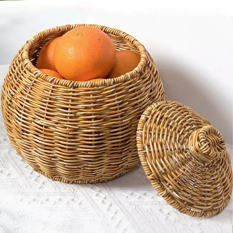 Hand-woven Oval Pumpkin Basket Desktop Sundries Storage Jar Lid Imitation Rattan Retro Storage Wicker Basket Plant Flower Basket 2