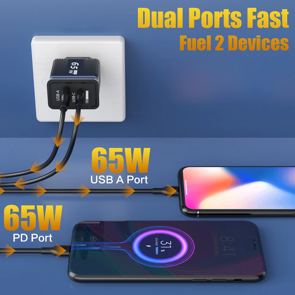 65W USB Fast Charger PD Type C Quick Charge Mobile Phone Charger For iPhone15 Xiaomi Samsung Huawei Power Adapter Travel Charger