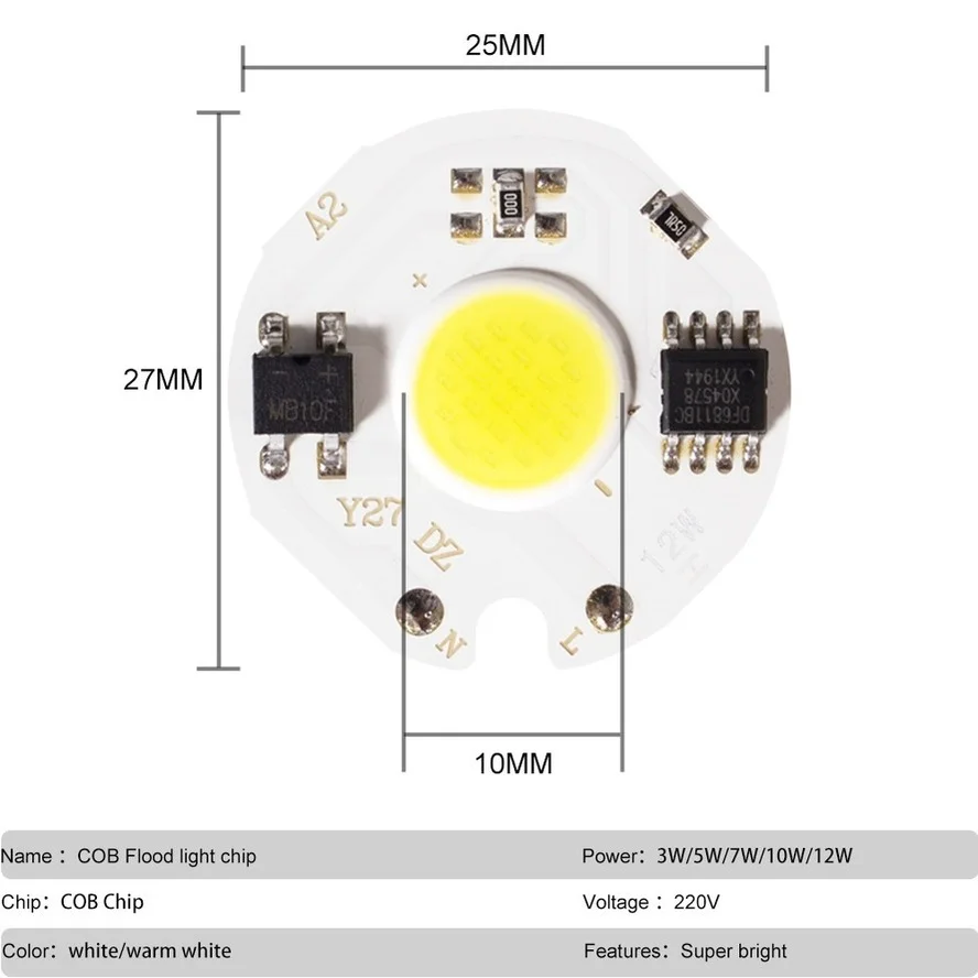 10Pcs LED COB Chip Light 9W 7W 5W 3W 220V Input Smart IC