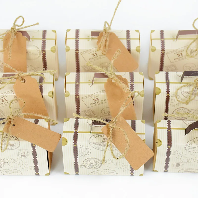 10P Mini Suitcase Candy Boxes with Rope Travel Theme Stamp Decor Kraft Paper Drawable B... - SKU MSCB1140 - UGI Packaging